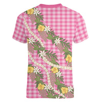 Aloha Puakenikeni Anthurium Pikake Lei Women V-Neck T-Shirt Tropical Pink Hawaiian Palaka Pattern