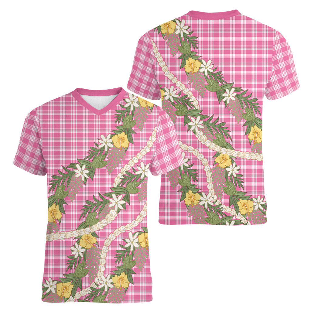 Aloha Puakenikeni Anthurium Pikake Lei Women V-Neck T-Shirt Tropical Pink Hawaiian Palaka Pattern