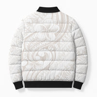 Hawaii Plumeria Lokelani Pikake Lei Bomber Puffer Jacket Sandy Beige Polynesian Tattoo