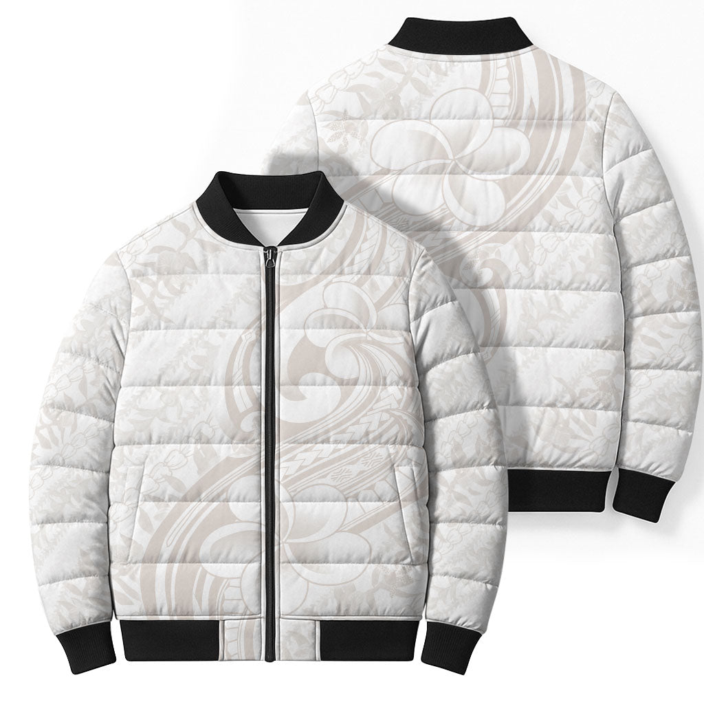 Hawaii Plumeria Lokelani Pikake Lei Bomber Puffer Jacket Sandy Beige Polynesian Tattoo