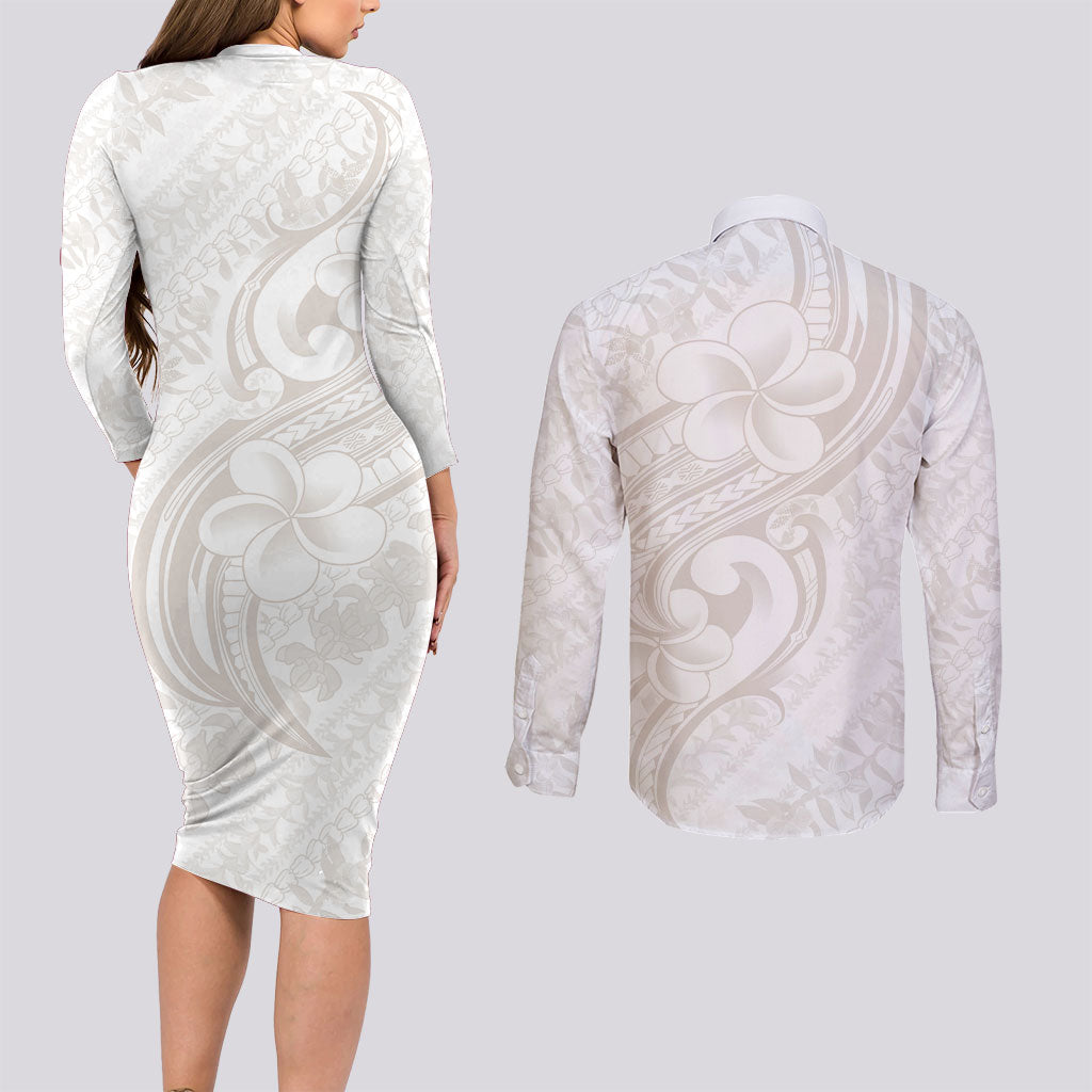 Hawaii Plumeria Lokelani Pikake Lei Couples Matching Long Sleeve Bodycon Dress and Long Sleeve Button Shirt Sandy Beige Polynesian Tattoo LT9 - Polynesian Pride