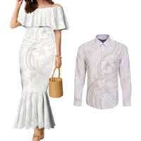 Hawaii Plumeria Lokelani Pikake Lei Couples Matching Mermaid Dress and Long Sleeve Button Shirt Sandy Beige Polynesian Tattoo