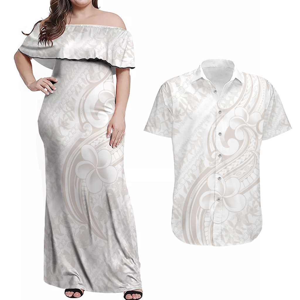 Hawaii Plumeria Lokelani Pikake Lei Couples Matching Off Shoulder Maxi Dress and Hawaiian Shirt Sandy Beige Polynesian Tattoo LT9 Beige - Polynesian Pride