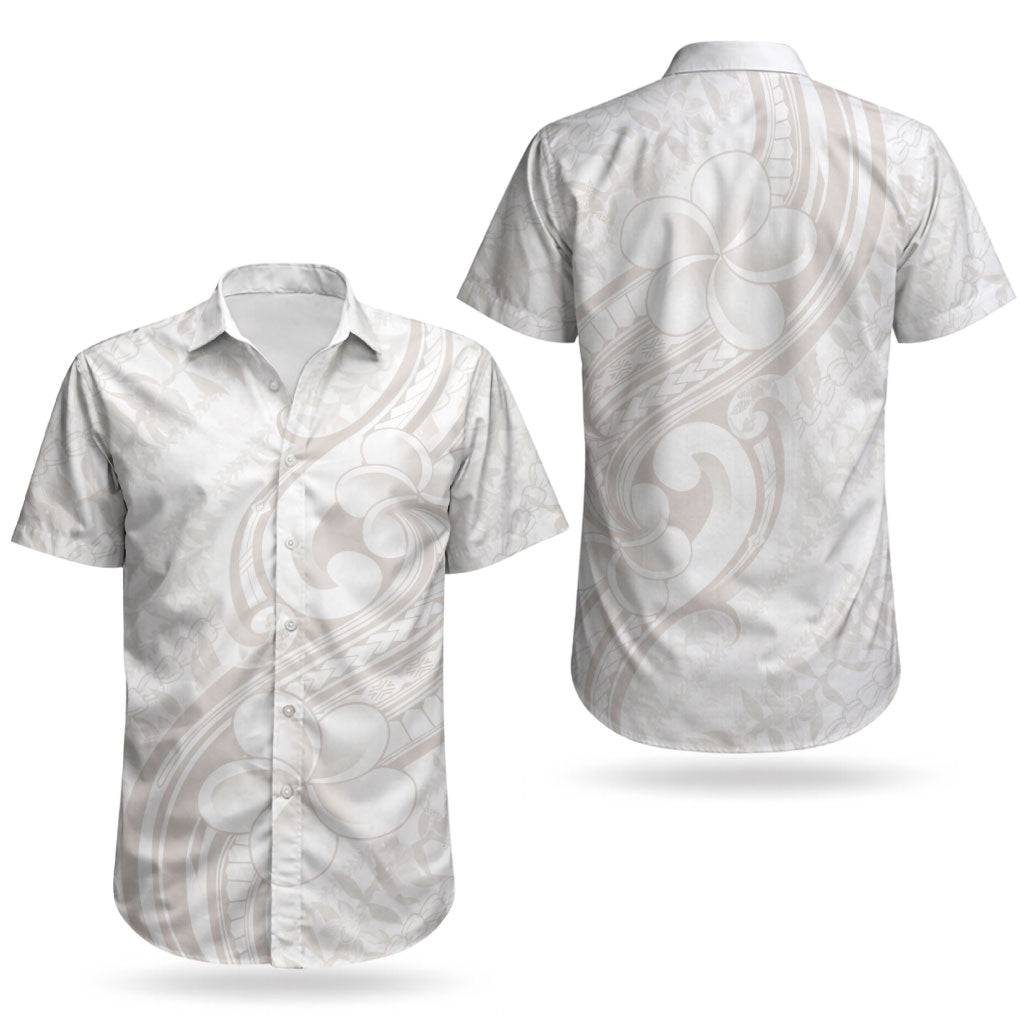 Hawaii Plumeria Lokelani Pikake Lei Couples Matching Off Shoulder Short Dress and Hawaiian Shirt Sandy Beige Polynesian Tattoo LT9 - Polynesian Pride