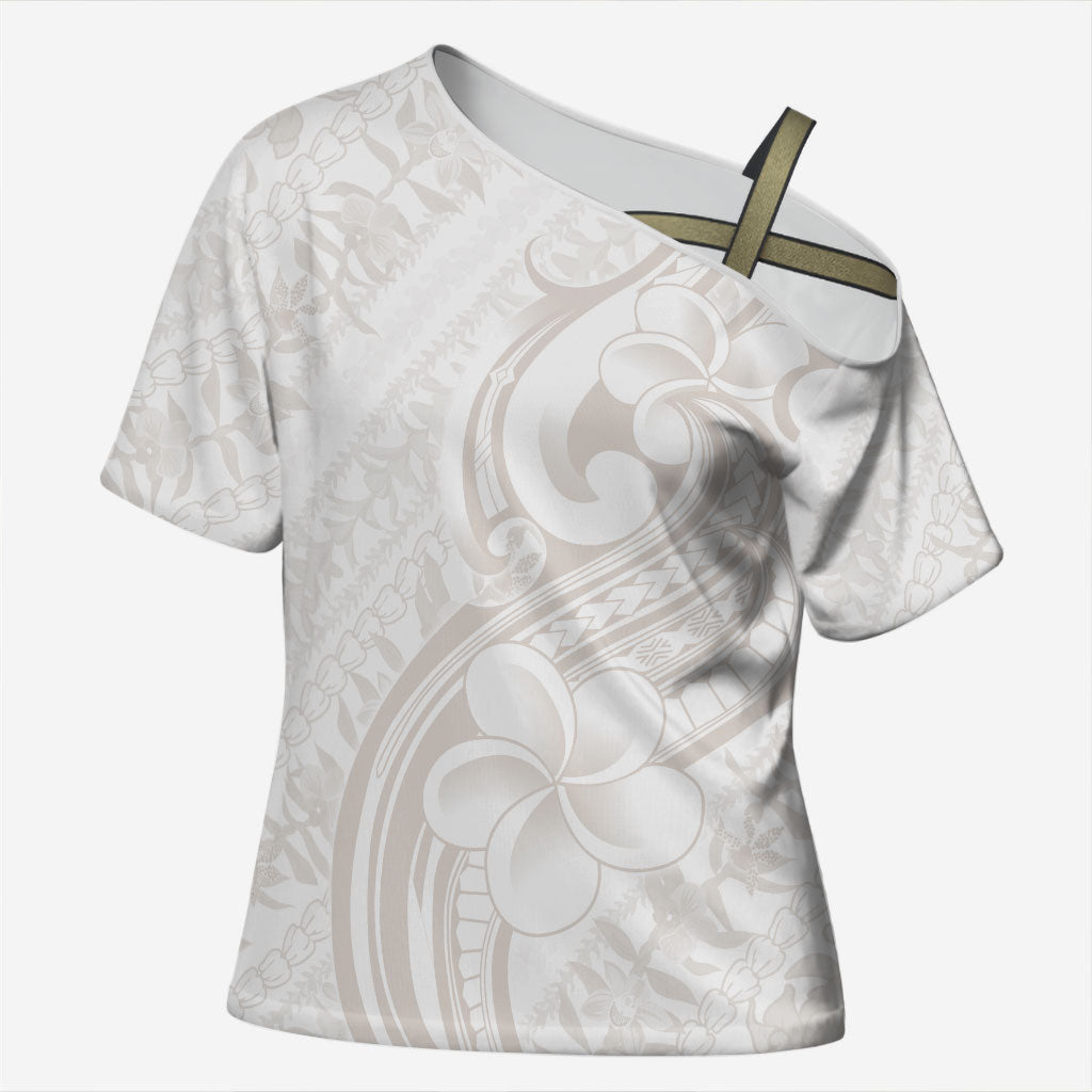 Hawaii Plumeria Lokelani Pikake Lei Cross Shoulder Shirt Sandy Beige Polynesian Tattoo