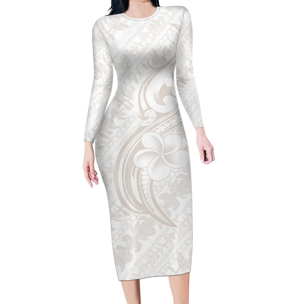 Hawaii Plumeria Lokelani Pikake Lei Family Matching Long Sleeve Bodycon Dress and Hawaiian Shirt Sandy Beige Polynesian Tattoo LT9 Mom's Dress Beige - Polynesian Pride