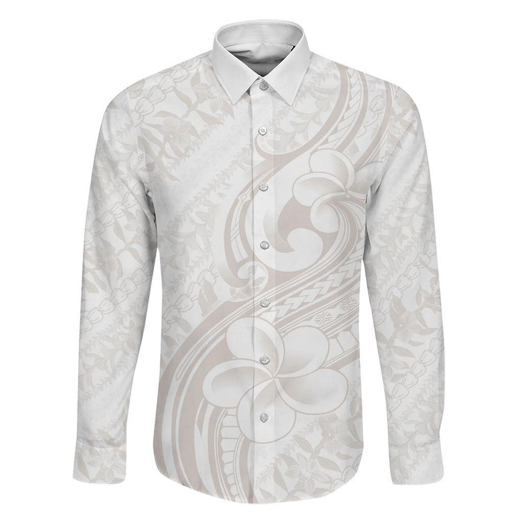 Hawaii Plumeria Lokelani Pikake Lei Family Matching Off Shoulder Maxi Dress and Hawaiian Shirt Sandy Beige Polynesian Tattoo LT9 Dad's Shirt - Long Sleeve Beige - Polynesian Pride