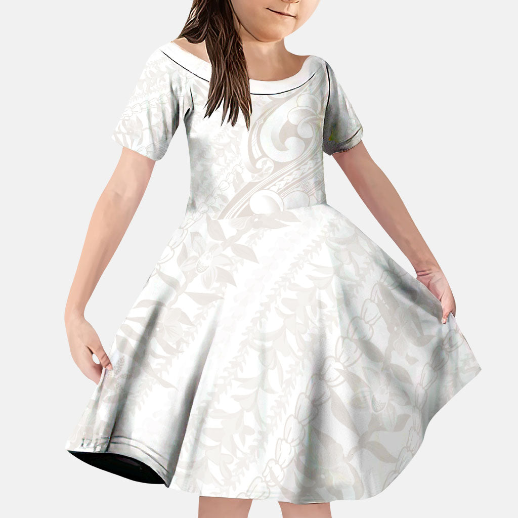 Hawaii Plumeria Lokelani Pikake Lei Family Matching Puletasi and Hawaiian Shirt Sandy Beige Polynesian Tattoo LT9 Daughter's Dress Beige - Polynesian Pride