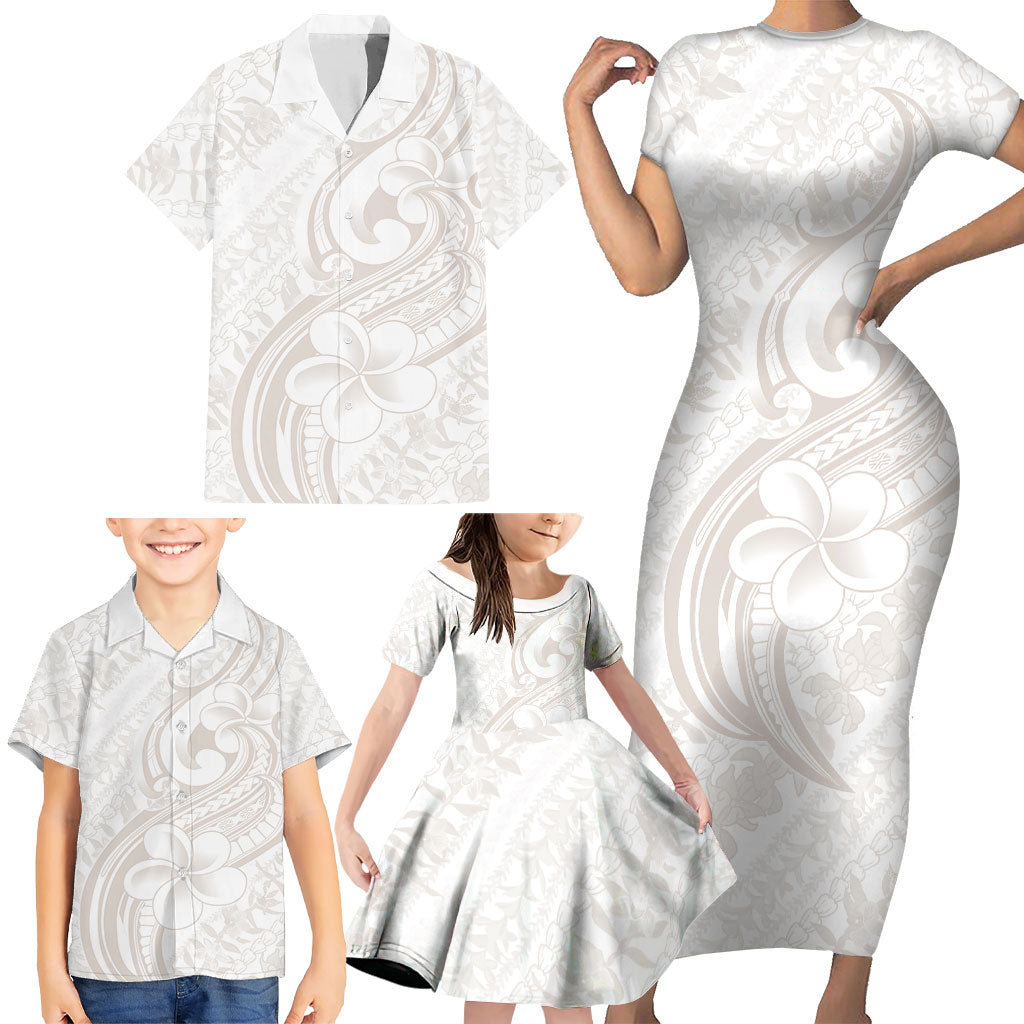 Hawaii Plumeria Lokelani Pikake Lei Family Matching Short Sleeve Bodycon Dress and Hawaiian Shirt Sandy Beige Polynesian Tattoo