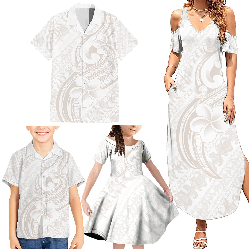 Hawaii Plumeria Lokelani Pikake Lei Family Matching Summer Maxi Dress and Hawaiian Shirt Sandy Beige Polynesian Tattoo