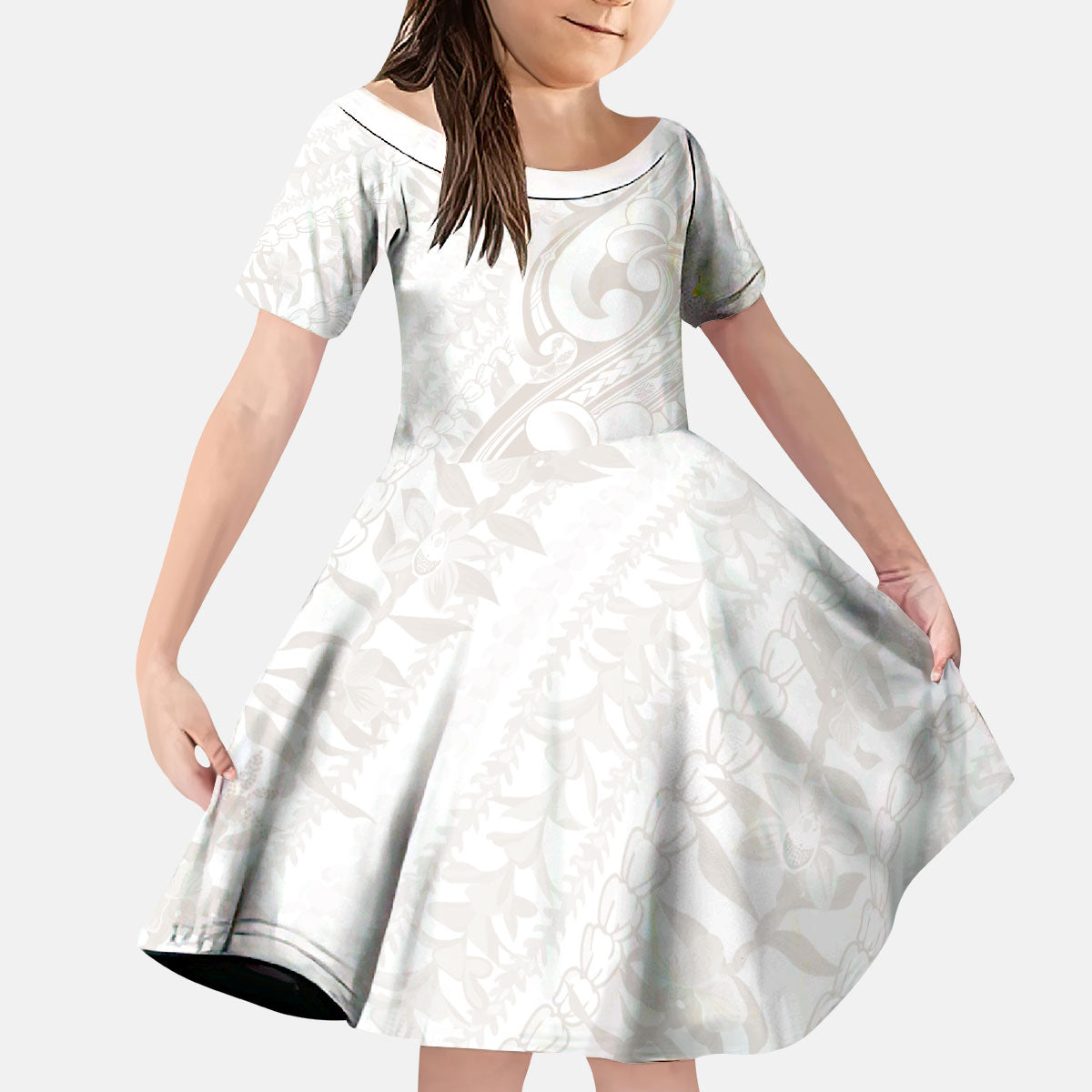Hawaii Plumeria Lokelani Pikake Lei Kid Short Sleeve Dress Sandy Beige Polynesian Tattoo