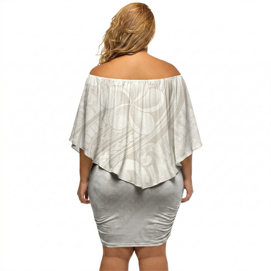 Hawaii Plumeria Lokelani Pikake Lei Off Shoulder Short Dress Sandy Beige Polynesian Tattoo LT9 - Polynesian Pride