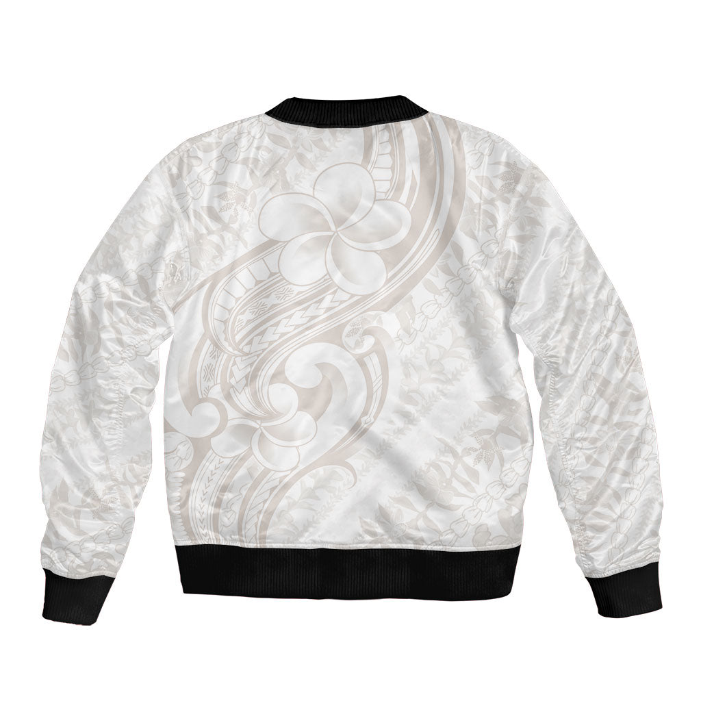 Hawaii Plumeria Lokelani Pikake Lei Sleeve Zip Bomber Jacket Sandy Beige Polynesian Tattoo
