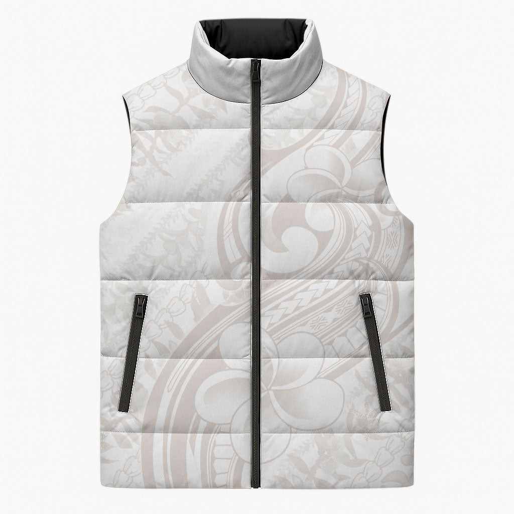Hawaii Plumeria Lokelani Pikake Lei Sleeveless Puffer Jacket Sandy Beige Polynesian Tattoo