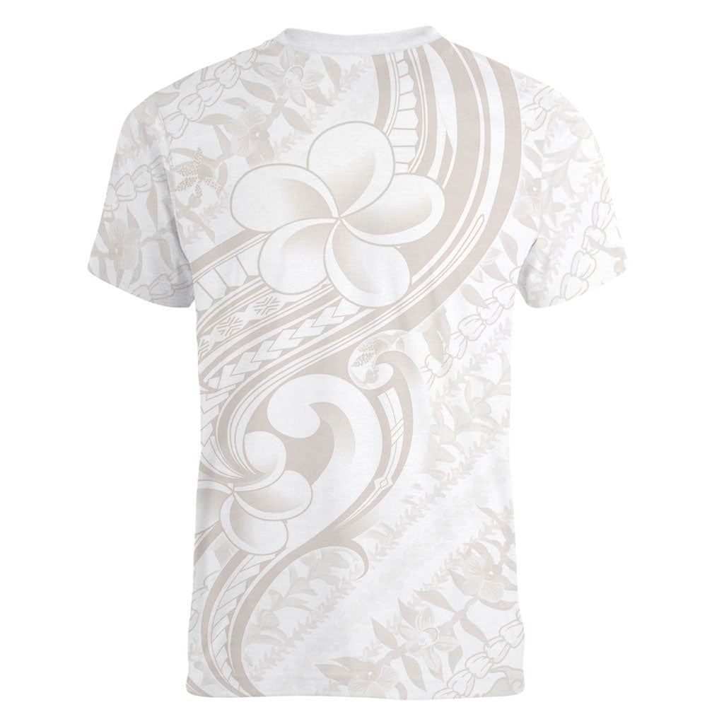 Hawaii Plumeria Lokelani Pikake Lei Women V-Neck T-Shirt Sandy Beige Polynesian Tattoo