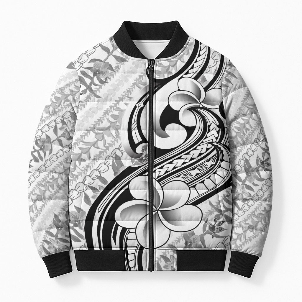Hawaii Plumeria Lokelani Pikake Lei Bomber Puffer Jacket Ele'ele Polynesian Tattoo