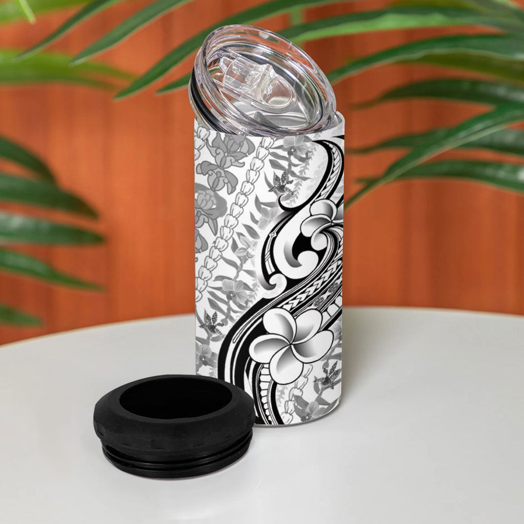 Hawaii Plumeria Lokelani Pikake Lei 4 in 1 Can Cooler Tumbler Ele'ele Polynesian Tattoo