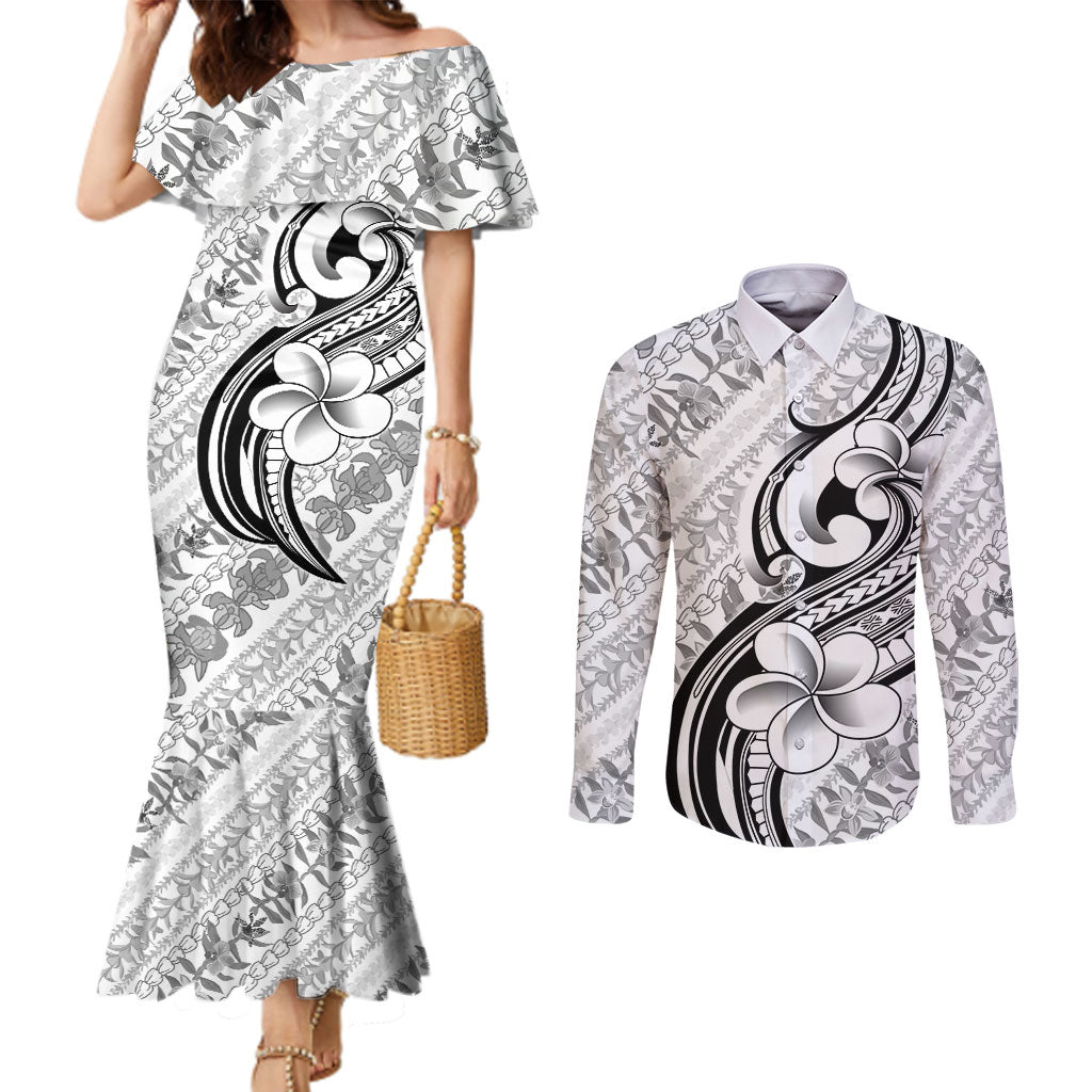 Hawaii Plumeria Lokelani Pikake Lei Couples Matching Mermaid Dress and Long Sleeve Button Shirt Ele'ele Polynesian Tattoo