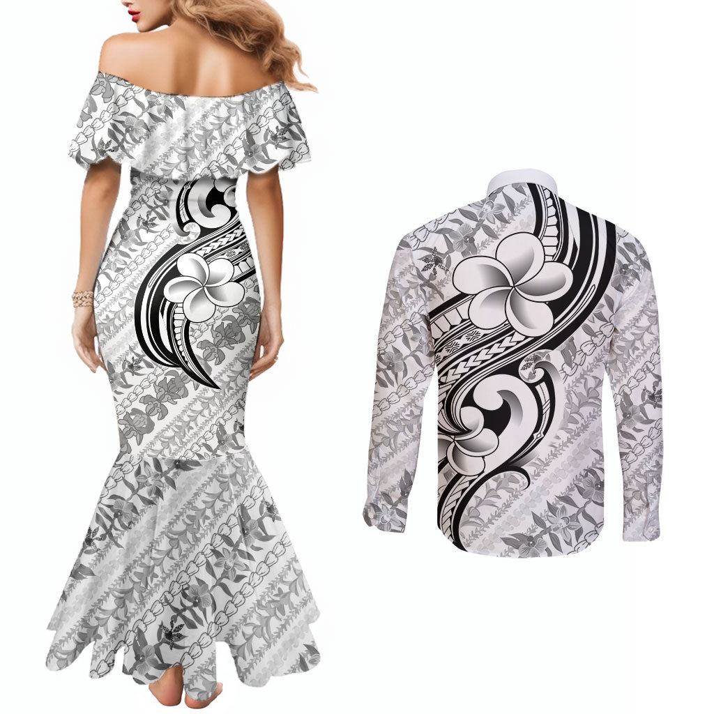 Hawaii Plumeria Lokelani Pikake Lei Couples Matching Mermaid Dress and Long Sleeve Button Shirt Ele'ele Polynesian Tattoo
