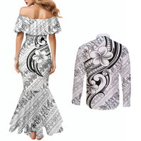 Hawaii Plumeria Lokelani Pikake Lei Couples Matching Mermaid Dress and Long Sleeve Button Shirt Ele'ele Polynesian Tattoo