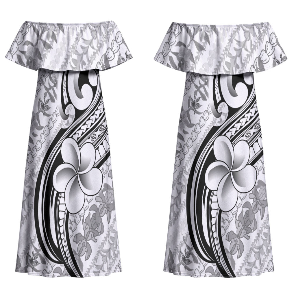 Hawaii Plumeria Lokelani Pikake Lei Couples Matching Off Shoulder Maxi Dress and Hawaiian Shirt Ele'ele Polynesian Tattoo LT9 - Polynesian Pride