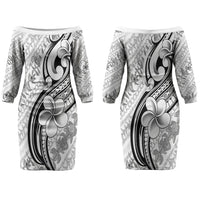 Hawaii Plumeria Lokelani Pikake Lei Couples Matching Off The Shoulder Long Sleeve Dress and Long Sleeve Button Shirt Ele'ele Polynesian Tattoo LT9 - Polynesian Pride