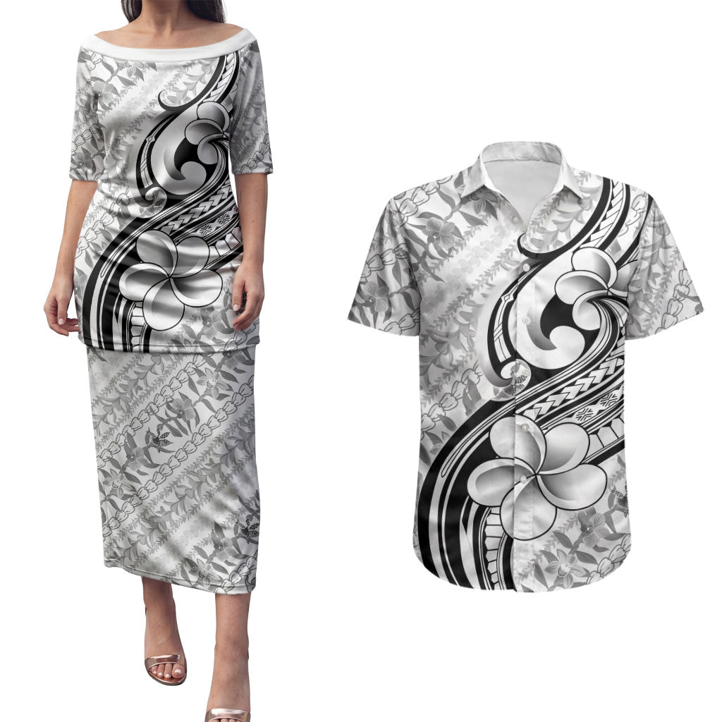 Hawaii Plumeria Lokelani Pikake Lei Couples Matching Puletasi and Hawaiian Shirt Ele'ele Polynesian Tattoo LT9 Black - Polynesian Pride