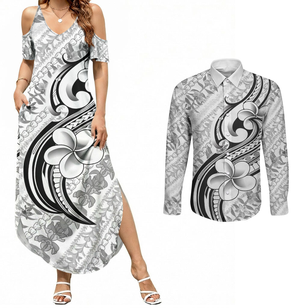 Hawaii Plumeria Lokelani Pikake Lei Couples Matching Summer Maxi Dress and Long Sleeve Button Shirt Ele'ele Polynesian Tattoo LT9 Black - Polynesian Pride