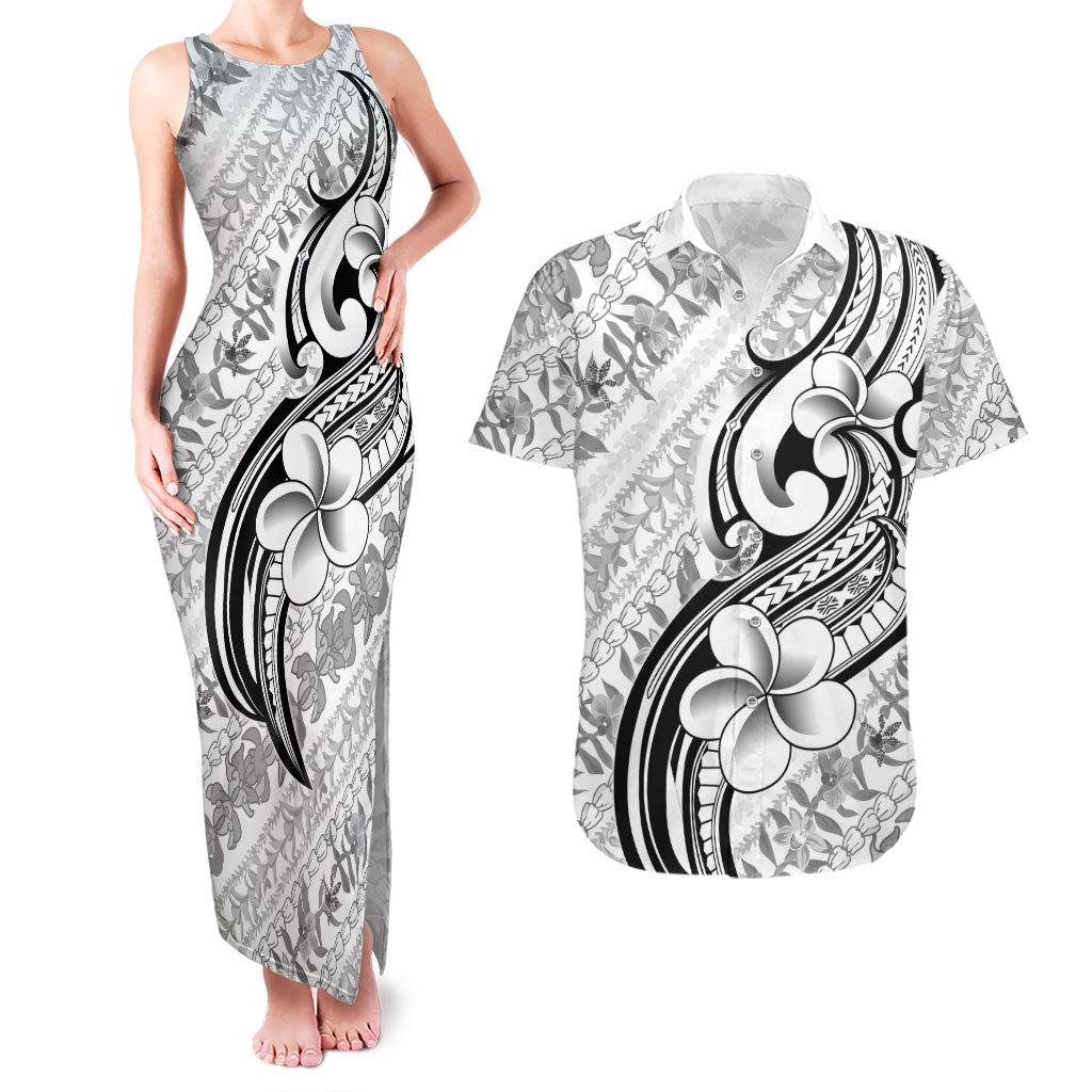 Hawaii Plumeria Lokelani Pikake Lei Couples Matching Tank Maxi Dress and Hawaiian Shirt Ele'ele Polynesian Tattoo