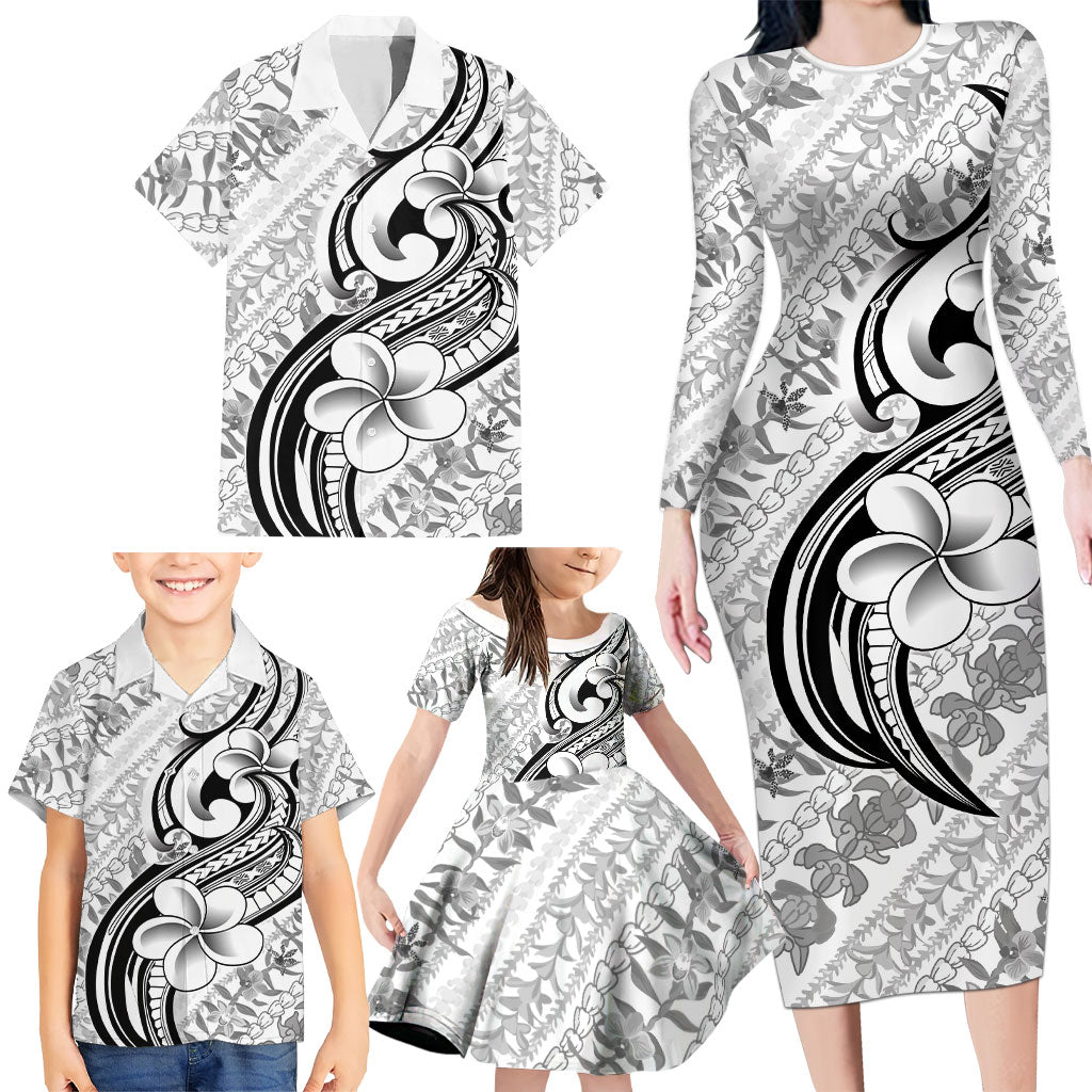 Hawaii Plumeria Lokelani Pikake Lei Family Matching Long Sleeve Bodycon Dress and Hawaiian Shirt Ele'ele Polynesian Tattoo LT9 - Polynesian Pride
