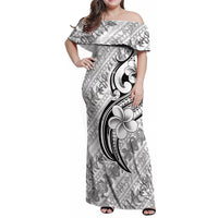 Hawaii Plumeria Lokelani Pikake Lei Family Matching Off Shoulder Maxi Dress and Hawaiian Shirt Ele'ele Polynesian Tattoo LT9 Mom's Dress Black - Polynesian Pride