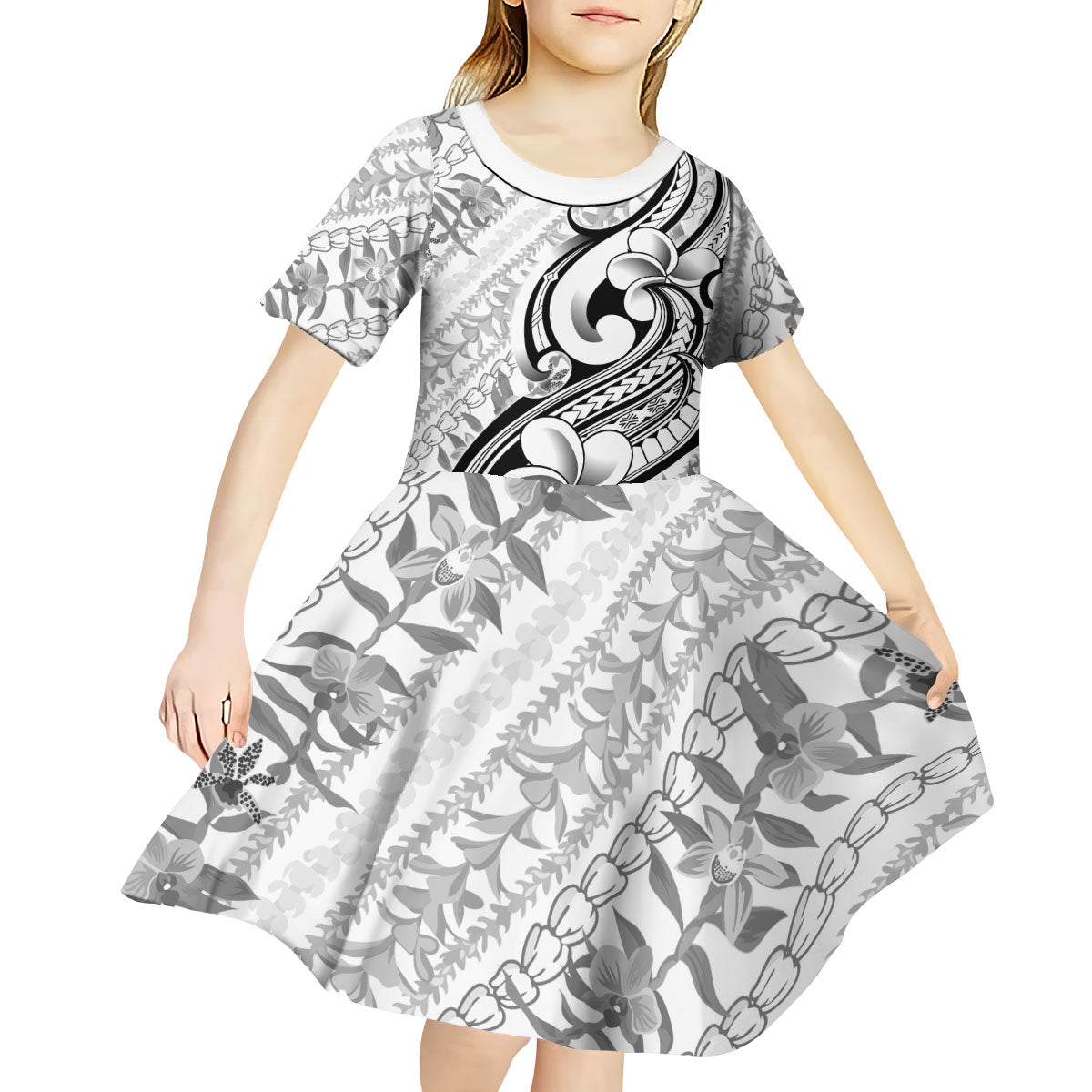 Hawaii Plumeria Lokelani Pikake Lei Kid Short Sleeve Dress Ele'ele Polynesian Tattoo