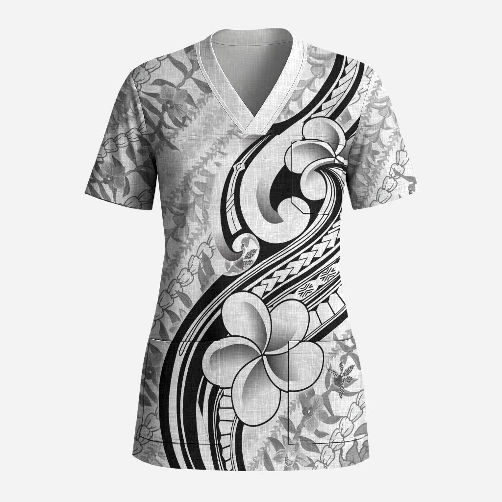 Hawaii Plumeria Lokelani Pikake Lei Scrub Top Ele'ele Polynesian Tattoo