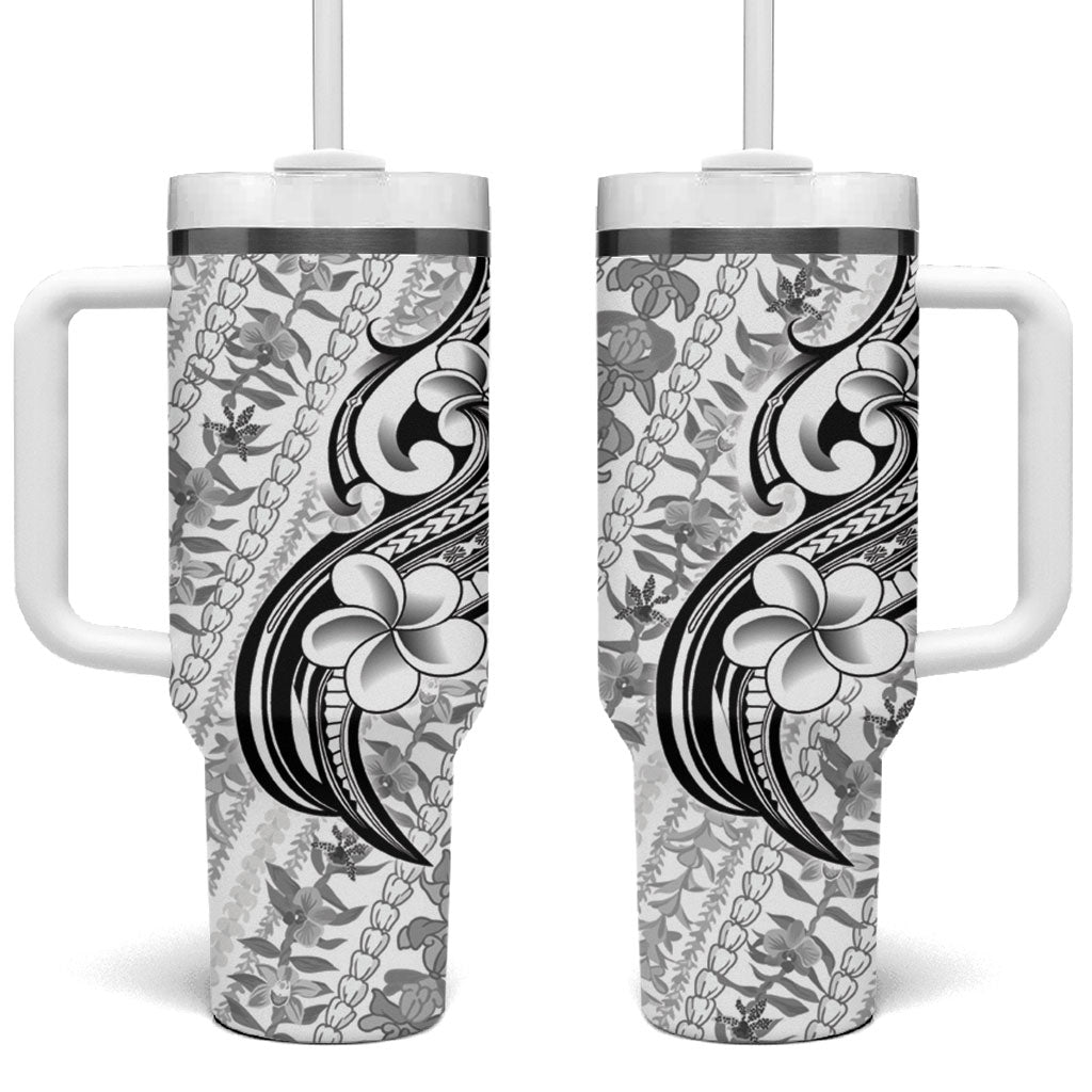 Hawaii Plumeria Lokelani Pikake Lei Tumbler With Handle Ele'ele Polynesian Tattoo