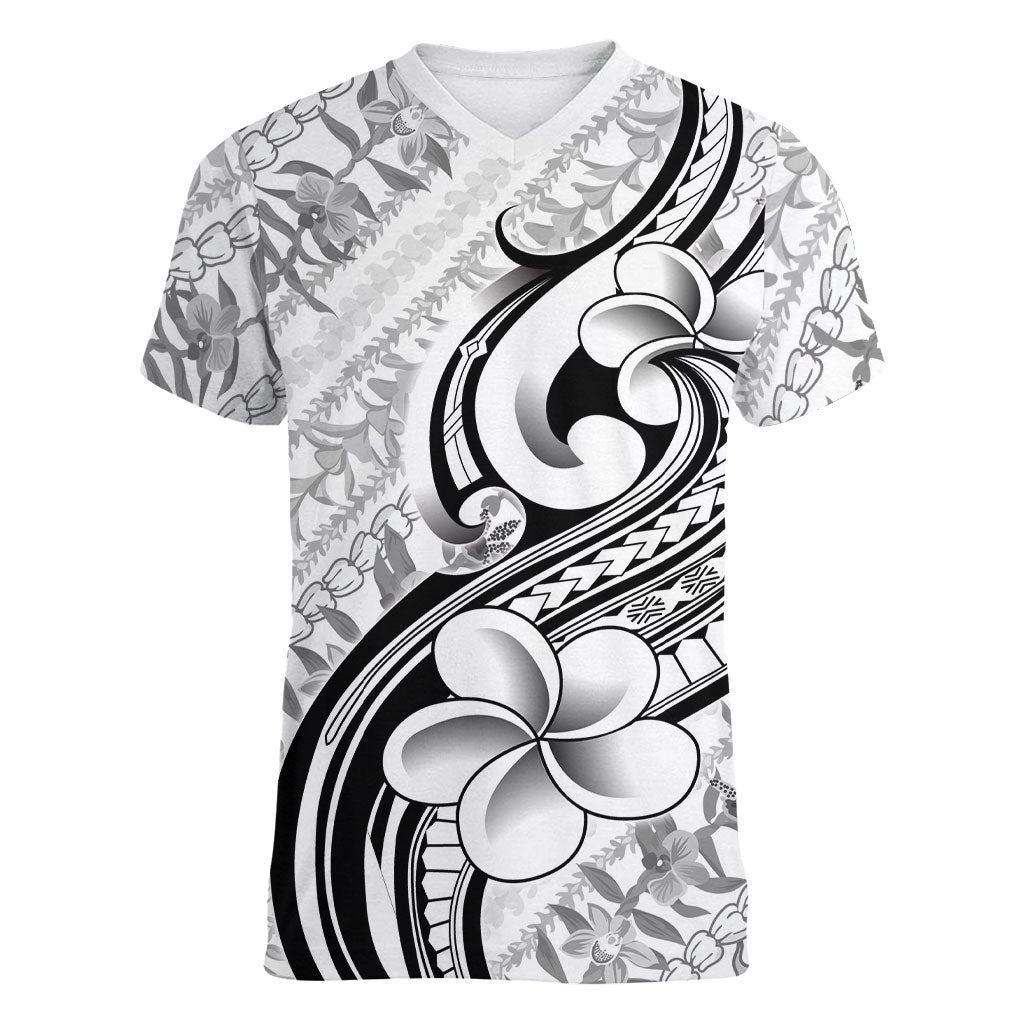 Hawaii Plumeria Lokelani Pikake Lei Women V-Neck T-Shirt Ele'ele Polynesian Tattoo