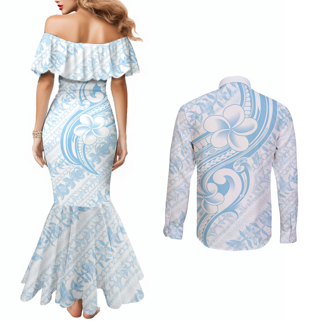 Hawaii Plumeria Lokelani Pikake Lei Couples Matching Mermaid Dress and Long Sleeve Button Shirt Uliuli Polynesian Tattoo