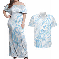 Hawaii Plumeria Lokelani Pikake Lei Couples Matching Off Shoulder Maxi Dress and Hawaiian Shirt Uliuli Polynesian Tattoo