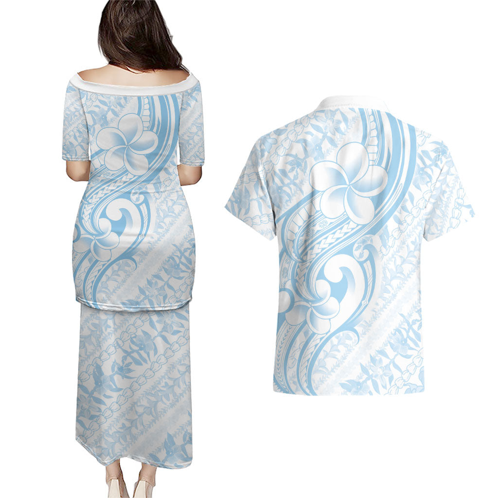 Hawaii Plumeria Lokelani Pikake Lei Couples Matching Puletasi and Hawaiian Shirt Uliuli Polynesian Tattoo