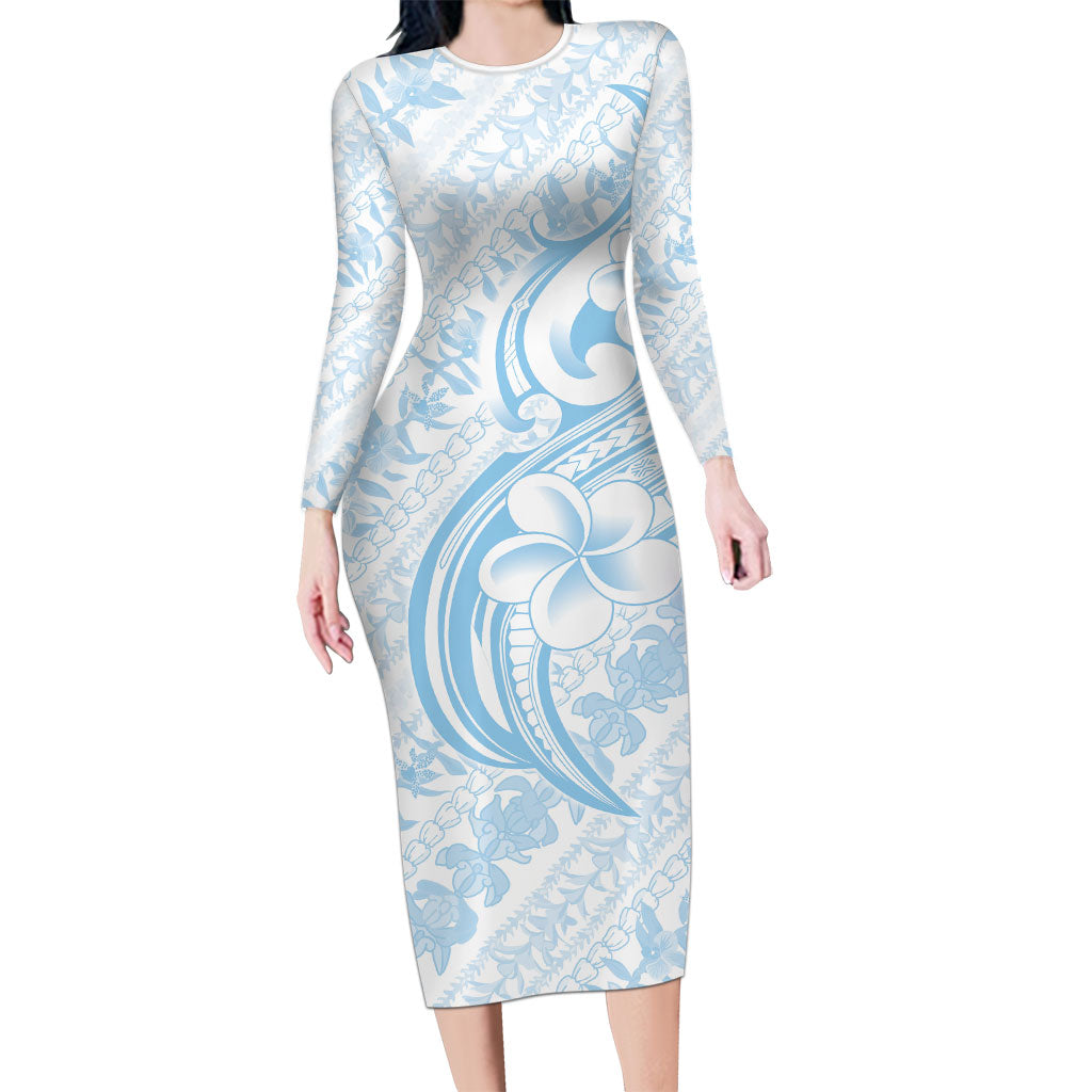Hawaii Plumeria Lokelani Pikake Lei Family Matching Long Sleeve Bodycon Dress and Hawaiian Shirt Uliuli Polynesian Tattoo LT9 Mom's Dress Blue - Polynesian Pride