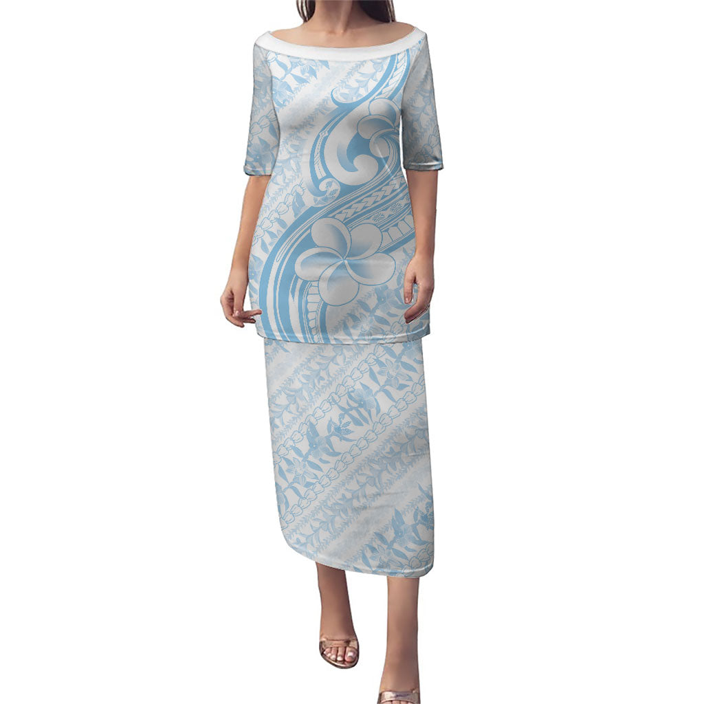 Hawaii Plumeria Lokelani Pikake Lei Family Matching Puletasi and Hawaiian Shirt Uliuli Polynesian Tattoo LT9 Mom's Dress Blue - Polynesian Pride