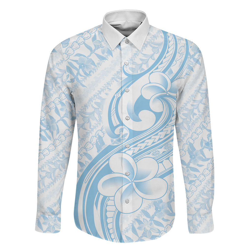 Hawaii Plumeria Lokelani Pikake Lei Family Matching Tank Maxi Dress and Hawaiian Shirt Uliuli Polynesian Tattoo LT9 Dad's Shirt - Long Sleeve Blue - Polynesian Pride