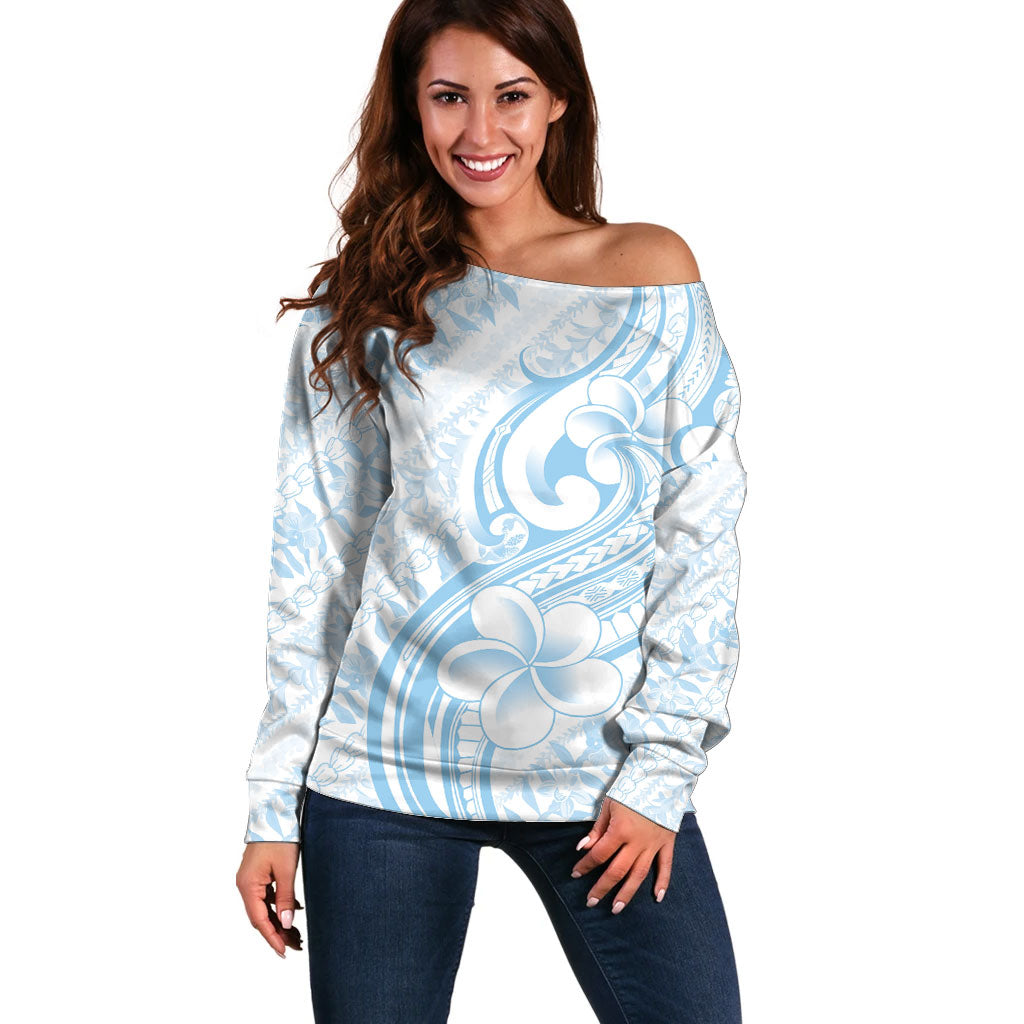 Hawaii Plumeria Lokelani Pikake Lei Off Shoulder Sweater Uliuli Polynesian Tattoo