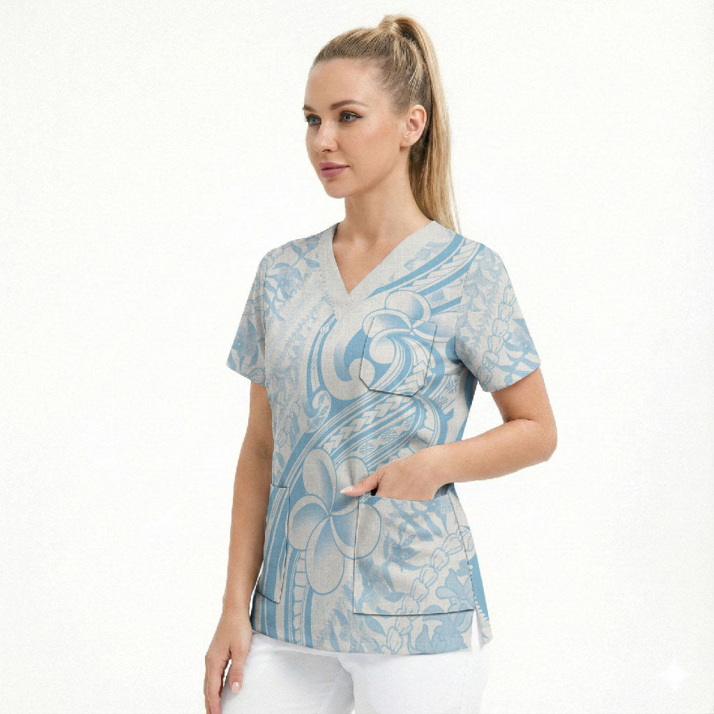 Hawaii Plumeria Lokelani Pikake Lei Scrub Top Uliuli Polynesian Tattoo LT9 - Polynesian Pride