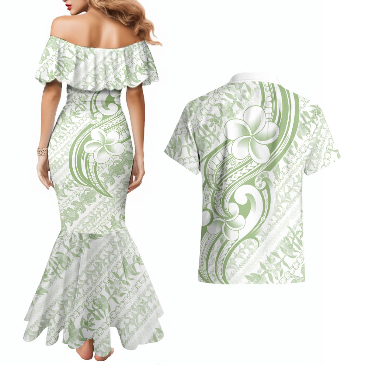 Hawaii Plumeria Lokelani Pikake Lei Couples Matching Mermaid Dress and Hawaiian Shirt Oma'oma'o Polynesian Tattoo LT9 - Polynesian Pride