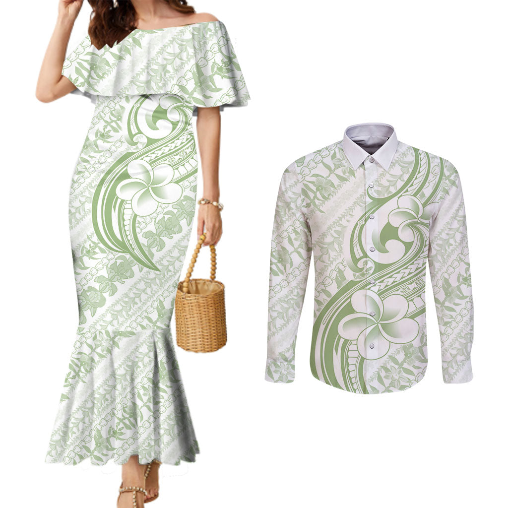 Hawaii Plumeria Lokelani Pikake Lei Couples Matching Mermaid Dress and Long Sleeve Button Shirt Oma'oma'o Polynesian Tattoo