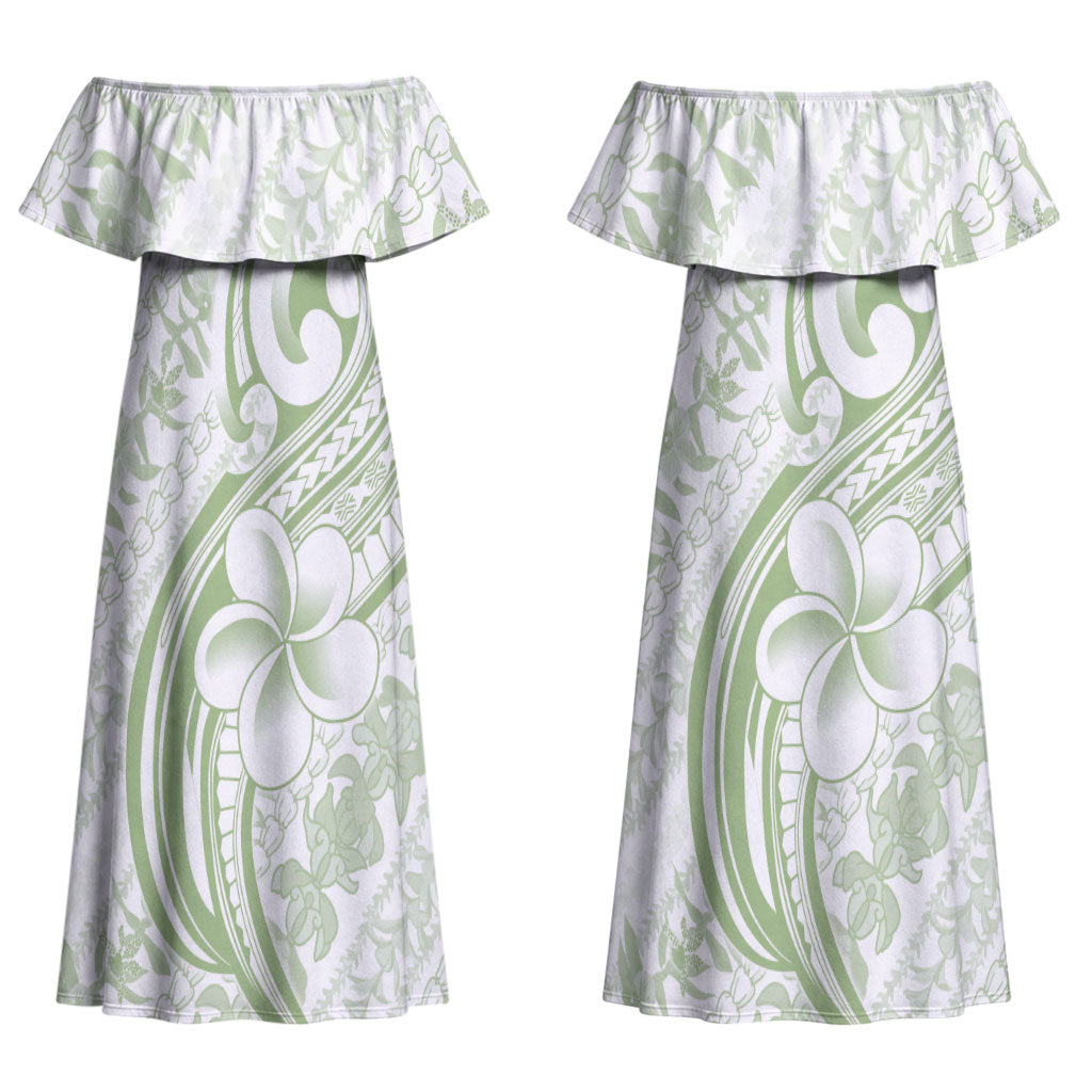 Hawaii Plumeria Lokelani Pikake Lei Couples Matching Off Shoulder Maxi Dress and Long Sleeve Button Shirt Oma'oma'o Polynesian Tattoo LT9 - Polynesian Pride