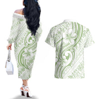 Hawaii Plumeria Lokelani Pikake Lei Couples Matching Off The Shoulder Long Sleeve Dress and Hawaiian Shirt Oma'oma'o Polynesian Tattoo LT9 - Polynesian Pride
