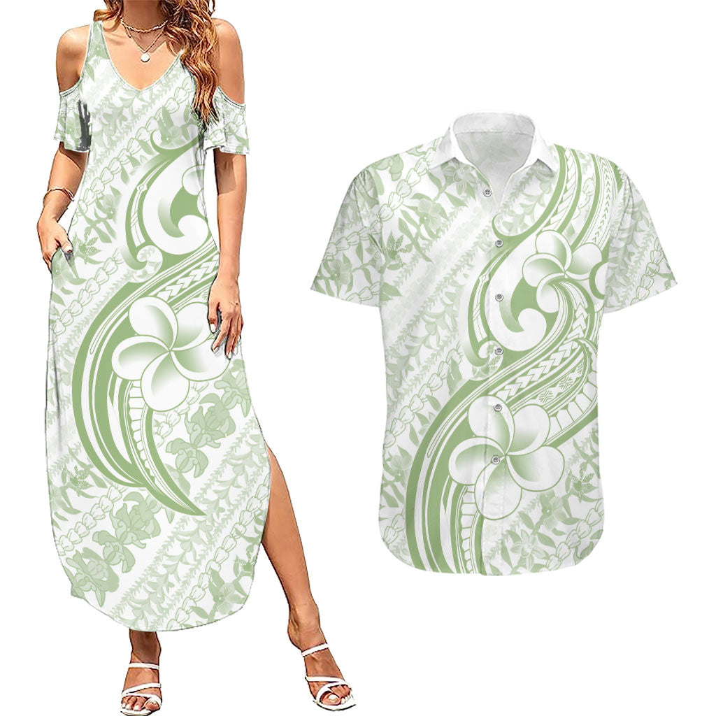 Hawaii Plumeria Lokelani Pikake Lei Couples Matching Summer Maxi Dress and Hawaiian Shirt Oma'oma'o Polynesian Tattoo LT9 Green - Polynesian Pride