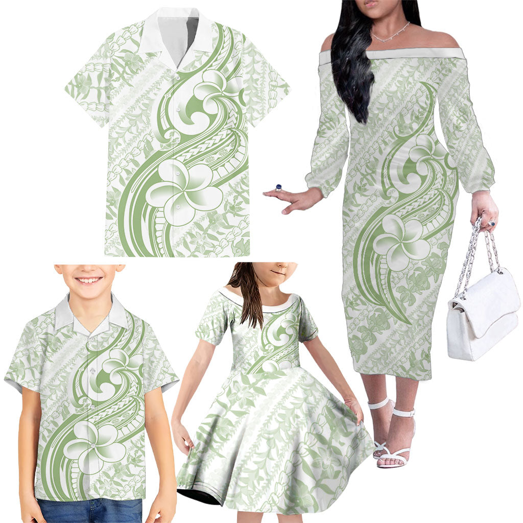 Hawaii Plumeria Lokelani Pikake Lei Family Matching Off The Shoulder Long Sleeve Dress and Hawaiian Shirt Oma'oma'o Polynesian Tattoo LT9 - Polynesian Pride