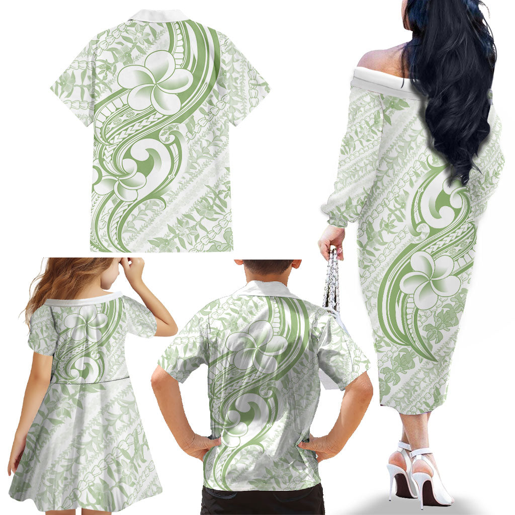 Hawaii Plumeria Lokelani Pikake Lei Family Matching Off The Shoulder Long Sleeve Dress and Hawaiian Shirt Oma'oma'o Polynesian Tattoo LT9 - Polynesian Pride